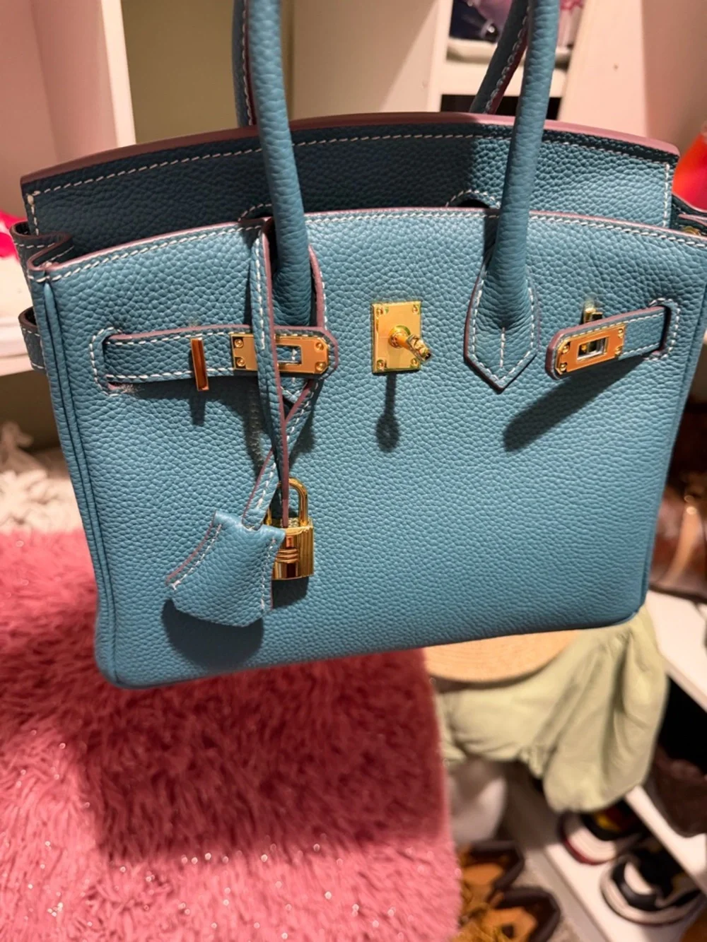 Structured Leather Tote Bag in Royal Blue with Gold Hardware - Picture 5 of 8